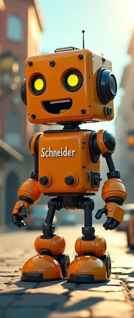 A funny robot character, cartoon style, squarer curves, the word SCHNEIDER expressed and visible on the chest, ultra-realistic and 3D, rich in details, high resolution