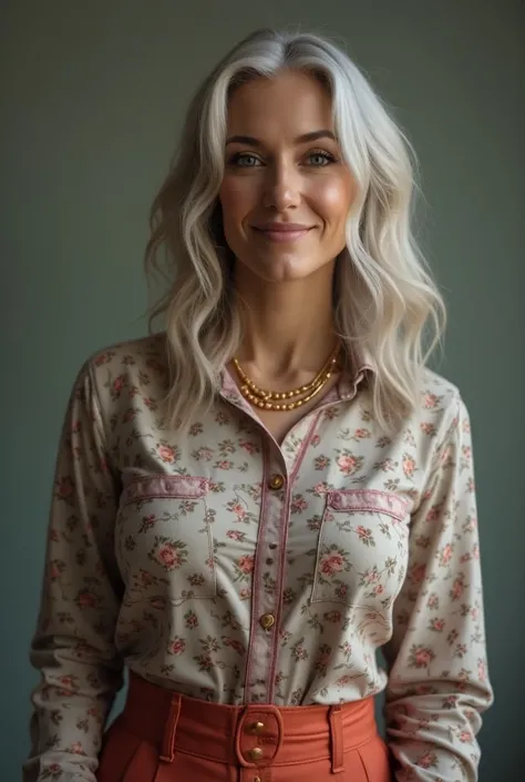  Shirt dress  {X}   a beautiful woman of a certain age with abnormally large and round breasts, (((  slim body  ))),   well-balanced  ,   vibrant flared skirt   ,  Long gray hair with blonde locks  ,    long gray hair   ,    her breasts are huge   ,   long...