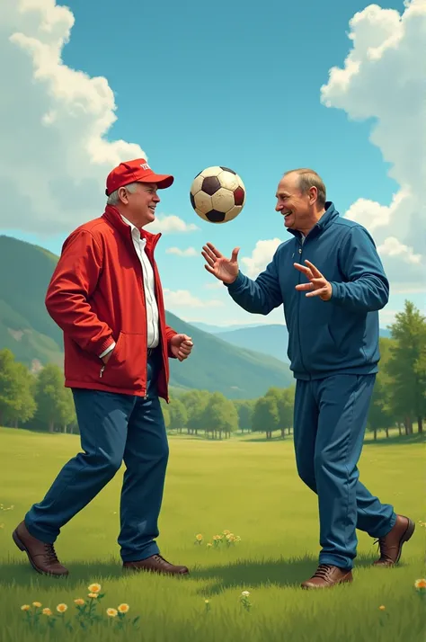 Donald Trump and Putin play football together.