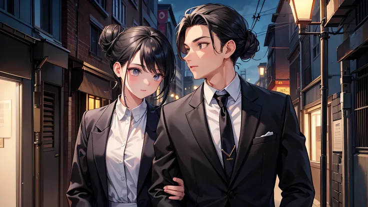 A young male (wearing an expensive suit), (black hair), (black student) is giving CEO vibes, and he is kissing a female (wearing a shirt and pencil shirt), (hair tied in a bun), (black hair). Behind them is an empty alley, and they both are standing under ...