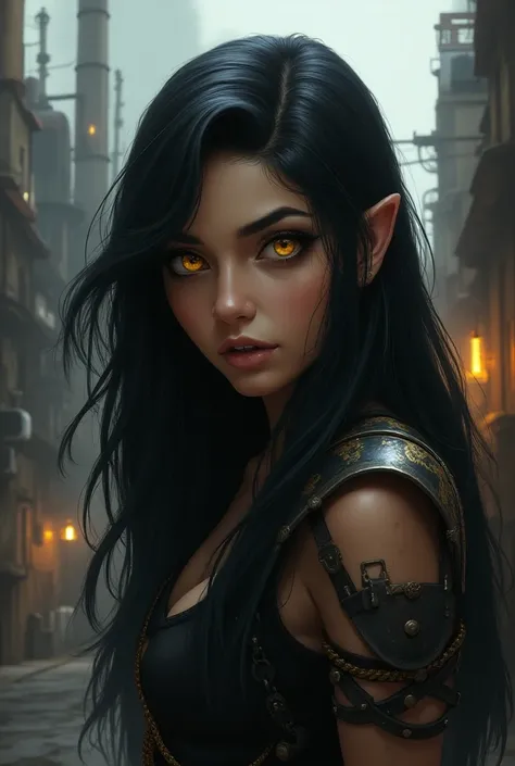 Zauns daughter with black hair and gold eyes 