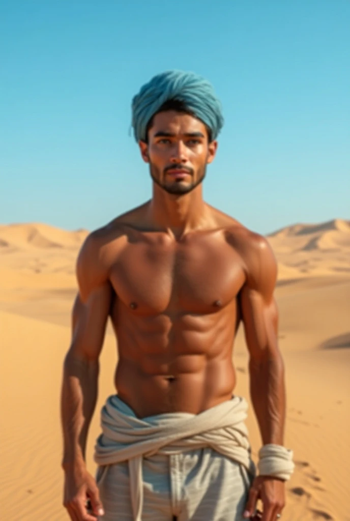  Create for me the image of a young man , Extremely beautiful, brown with light blue eyes , tanned skin, muscle,  wearing a light blue turban in the middle of the desert. 