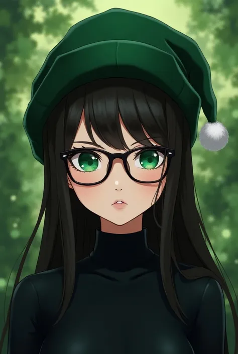 I want a girl with green eyes beautiful eyelashes with black lenses square modes with bangs long straight hair wearing a green Christmas hat with black clothes green background and anime mode 