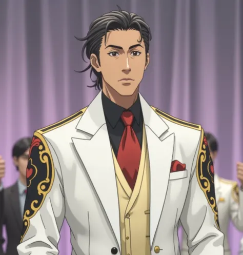  The image shows a male character dressed in an elegant white and red suit.  He has a face with defined features and serious expression ,  looking directly at the camera .  His hair is dark and combed back . He appears to be on a stage or stage ,  with a p...