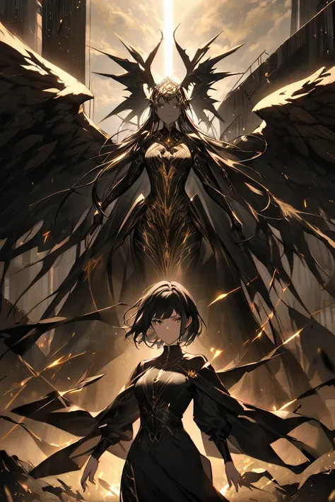 The cover could be a mix of these elements: In the foreground,  the protagonist with her firm gaze ,  but somewhat vulnerable ,  while Lucifer  (man)  appears partially behind her , with drooping wings and a serious face, but with a look full of complex em...