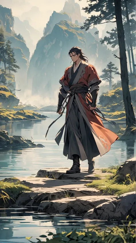 The character strides purposefully along a path beside the lake, his posture upright and determined. The background scenery flows past, emphasizing his strong, confident stride.
