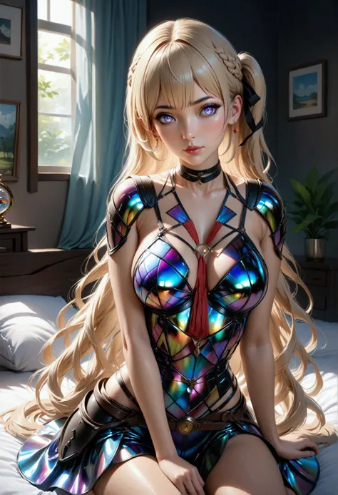 1maturegirl,mahiru shiina,Long smooth straight light golden hair, iridescent eyes,athletic hourglass figure,sitting in on bed in skimpy jk armour .masterpiece, super detail,detailed eyes, best quality, 8k,realistic