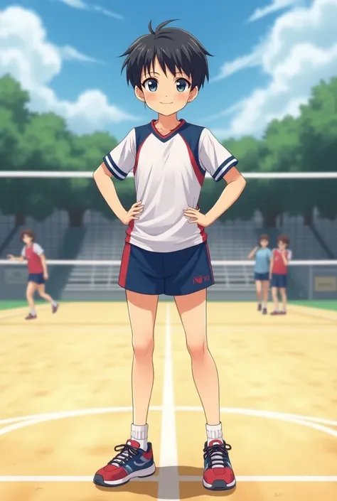 girl in anime boy costume on volleyball court, style from anime volleyball