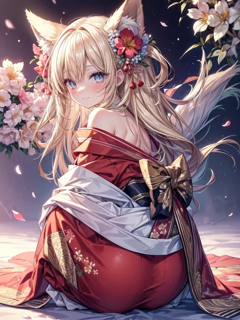 (((masterpiece))), (((best quality))), ((ultra-detailed)), (illustration), (detailed light), ((an extremely delicate and beautiful)), (beautiful detailed eyes), 1girl, Vivid, cinematic light,(((floral background))), petals, happy smile, fox ears, blue eyes...