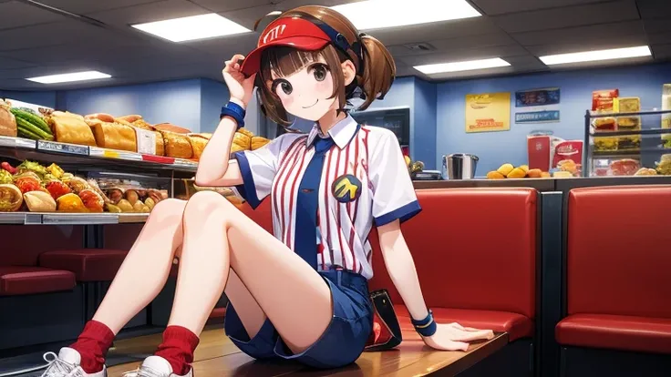 1girl, 8k, cowboy shot, dabuchi_tabemi, visor cap, headset, blush stickers, collared shirt, employee uniform, blue shorts, blue necktie, wristband, socks, red footwear, sneakers, (solo), black eyes, happy smiling, light brown hair, blunt bangs, short twint...