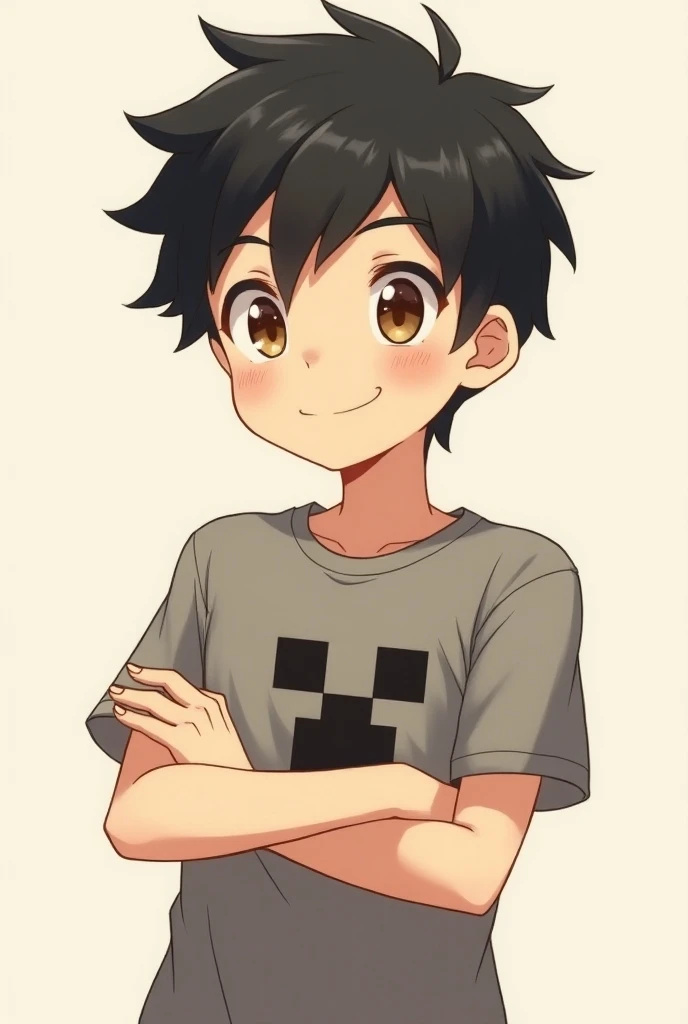 Anime  boy with black hair and brown eyes with a Mincraft T-shirt crossing his arms smiling 