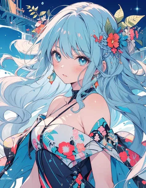 (masterpiece, Best Quality, Best Quality,  OFFICIAL ART, Beauty and aesthetics: 1.2), ( 1 girl: 1.3), ( fractal art: 1.3), Vibrant Aqua Blue Eyes,  medium long hair with tassels, Nude midpart