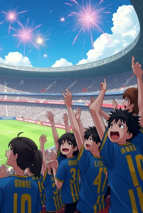 Many gods in anime cheering on their team and wearing blue t-shirts with yellow stripes in a stadium in the grandstand and fireworks