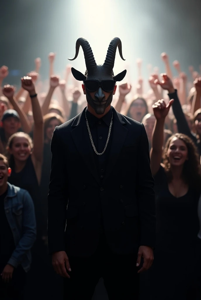  A man with goat mask  in a black jacket stands in front of a crowd of cheering fans. The man is wearing sunglasses and a thick silver chain around his neck. The crowd is mostly made up of young people with their arms raised in the air. They are all wearin...