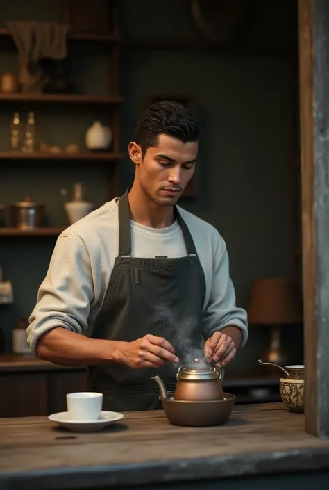 make a realistic image of ronaldo in a tea shop and ronaldo is making tea and he see like a poor man