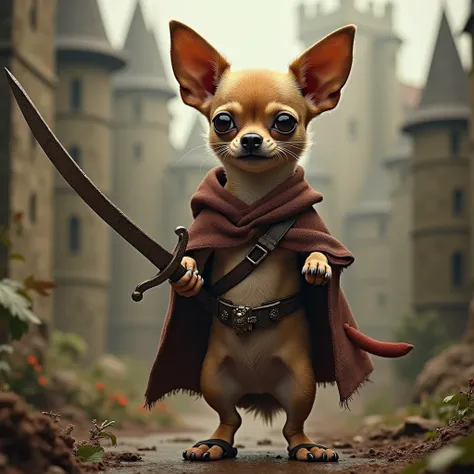 Dirty Chihuahua , Skinny but with a belly, with a mocking laugh , dirty face,  standing on two legs like a human , with sword in hand,  Robin Hood ,  clothes with brown flip flops fighting an angry dragon,  in the background medieval castle , ultra realist...