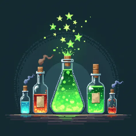  chemical lab logo in pixel style ,  add a pixel of art  + all sorts of bottles of cans ,  magic spray ,  theres the green color of such a magical liquid and a square pixel flag with liquid, and pixel stars come out of it