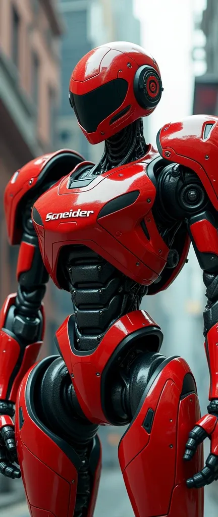 A robot character, cartoon style, full body, squarer curves, the word SCHNEIDER expressed and visible on the chest, red and black, ultra-realistic and 3D, rich in details, high resolution