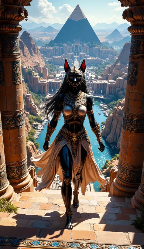 a beautiful goddess with a cat head, Bastet, walking proudly up the stone steps, panoramic view of ancient egypt in the background, vivid colors, realistic, (best quality,4k,8k,highres,masterpiece:1.2),ultra-detailed,(realistic,photorealistic,photo-realist...