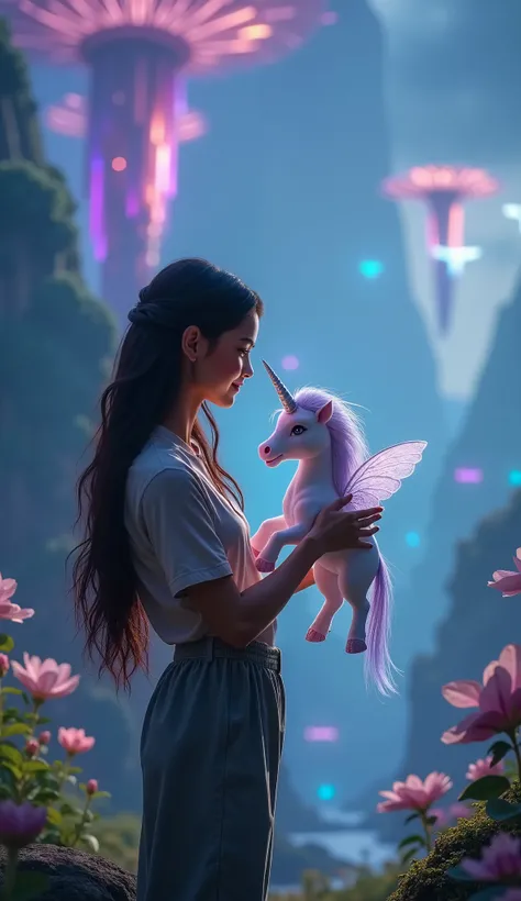 A beautiful girl with long flowing hair stands, gently holding a small, ethereal unicorn. The unicorn has a shimmering, pearlescent coat with delicate, iridescent wings and a spiraling silver horn that glows softly. The girl is dressed in a casual yet eleg...