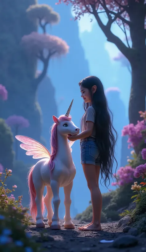 A beautiful girl with long flowing hair stands, gently holding a small, ethereal unicorn. The unicorn has a shimmering, pearlescent coat with delicate, iridescent wings and a spiraling silver horn that glows softly. The girl is dressed in a casual yet eleg...