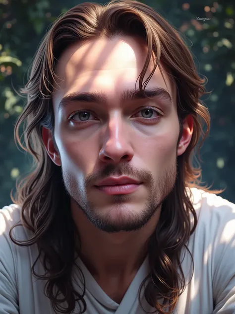 a young man with long hair, beautiful detailed eyes, beautiful detailed lips, extremely detailed face, flowing locks, serene expression, robed in white linen, standing in a lush garden, sunlight streaming through the trees, (best quality,4k,8k,highres,mast...