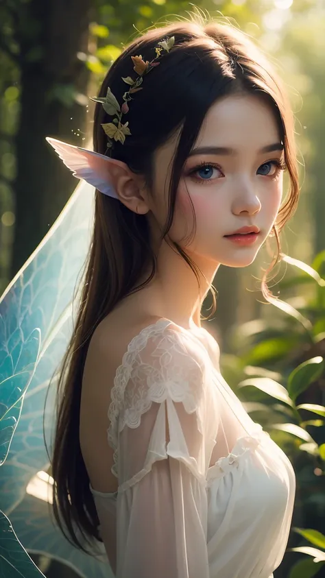  beautiful fairy girl ,  delicate facial details, Long eyelashes,  Fine Smooth Skin ,  delicate exquisite wings ,  imaginative expression ,  colorful fantasy forest scene ,  magical glowing light , Warm soft light , Bright colors, Surreal atmosphere ,  hig...