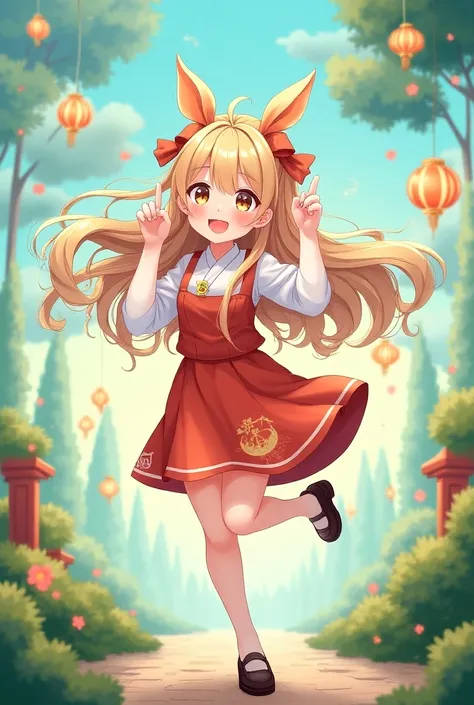 1girl, masterpiece,, fun, happy, bright, loong, adorable, cute, playful, joyful, vibrant colors, detailed facial features, detailed hair, dynamic pose, lush garden background, glowing lanterns, swirling clouds, auspicious symbols anime character, 