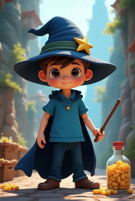 Beautiful cartoon with blue polo shirt, dark blue pants with black cape and a wand of a little star with a wizards hat with a canchita bottle from the movies