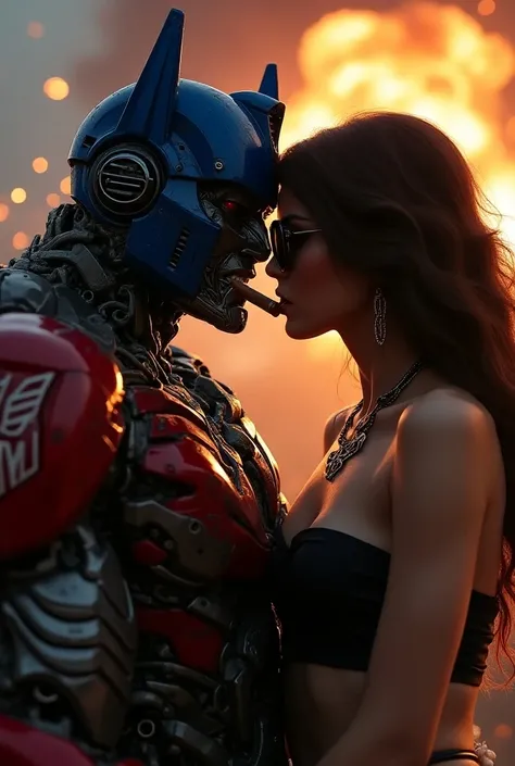 Transformers, Optimus Prime,  angry facial expressions ,  black sunglasses ,  necklace with pendant with  "REW" Doggy position lettering during sex with pink female Autobot Transformers Robotter. cigar in mouth .  sexy women in the background , Night, The ...