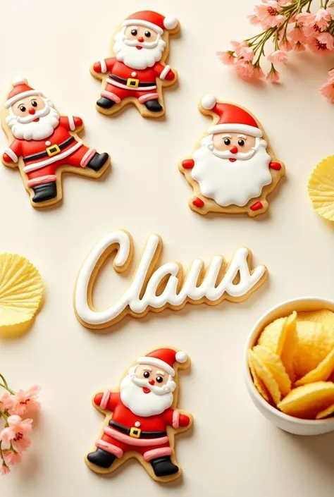  A pack of Christmas cookies with Santa Claus designs,  chips with gold finishes ,  Text that says  "Claus 