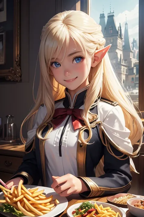 masterpiece, Best Quality,  High Definition CG Unity 8k Wallpaper,((Upper body portrait)), ((stall)), (とてもcute１６Age Girl ), (Frankfurt Sausage on Skewers  ,  eats), (Long pointy ears),  Elegant Long Wave Platinum Blonde Hair , ((Average Chest Circumference...