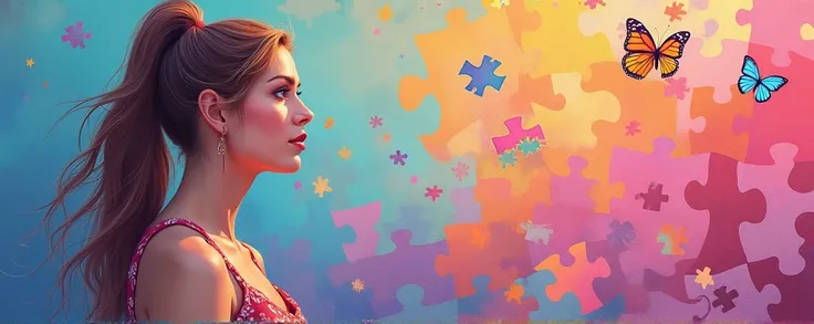  create an image in pastel colors for a painted mural . the style must be semi-realistic, digital art.  must contain a confident woman on the left looking to the right .  In the lower right corner of this painting it must contain symbols of autism: PUZZLE ...