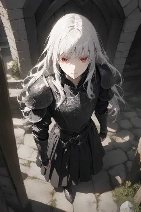 masterpiece,best quality,very aesthetic,absurdres,1girl,safe,full body,from above,long hair,choppy bangs,albino,white hair,colored eyelashes,white eyelashes,(detailed eyes),red eyes,clear face,expressionless,[serious], BREAK black plate armor,black cuirass...