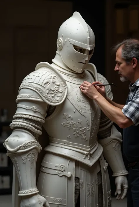 Craftsman carving a knight in armor and helmet in carved marble