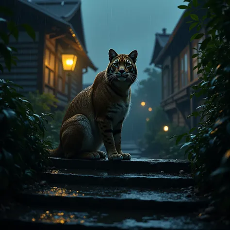 On a rainy night, a big cat sits quietly at the top of the stone steps, looking around vigilantly. Rainwater drips down its fur, but it still sticks to its post, as if protecting the road leading to home from disturbance. The dim yellow light of the street...