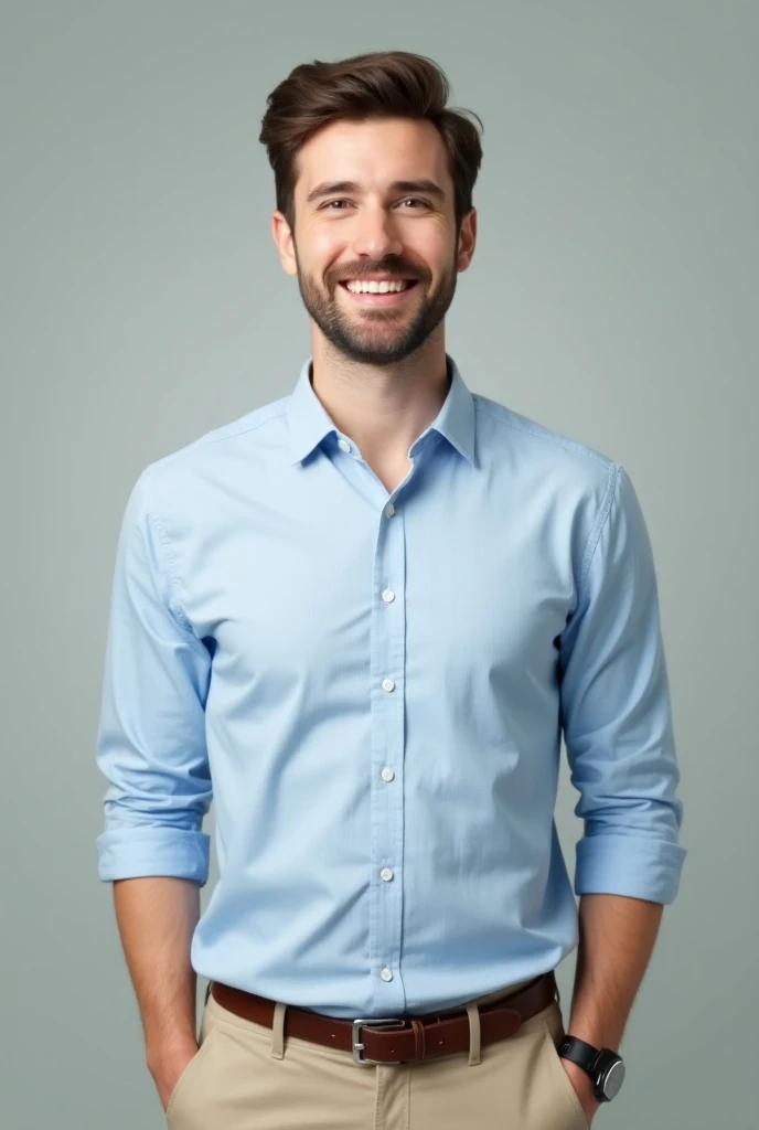  A 35-year-old man with brown hair and a light blue shirt and beige dress pants. The picture shows the man from the waist up . 