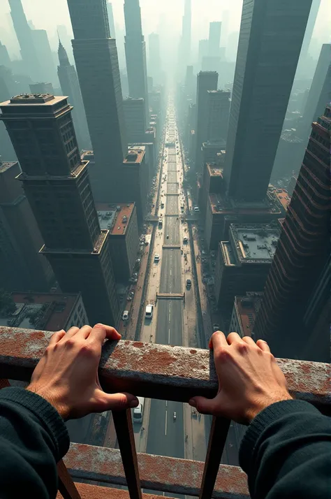 I want a picture from the perspective of someone who is hanging from the bridge and look the buildings 