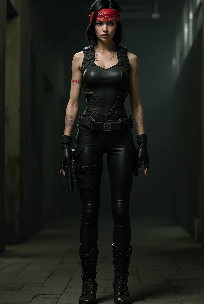 ada wong from resident evil 4 remake, dresses like solid snake from metal gear solid
with bandana