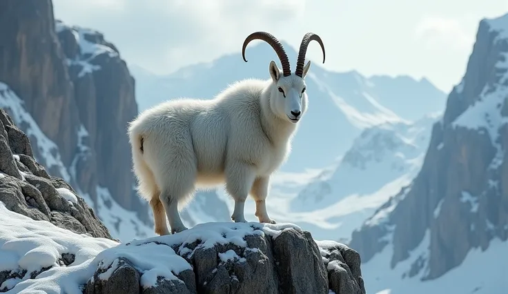 a highly detailed, realistic scene of a mountain goat standing proudly on a rocky cliff, its gaze fierce and unyielding. the goat’s white fur contrasts against the rugged, snow-dusted rocks and the distant mountain peaks. its muscular build and sharp, cu