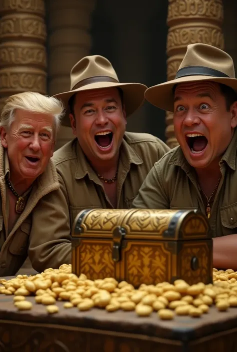 Close up (Hyper realistic:.2.5) (in a temple) Donald Trump in Safari outfit,  (Indiana jones) (Elon musk )(casual clothes) and(  Joe Rogan)  pod cast clothes surrounding a chest of cocaine. They looked surprised and happy with months wide open