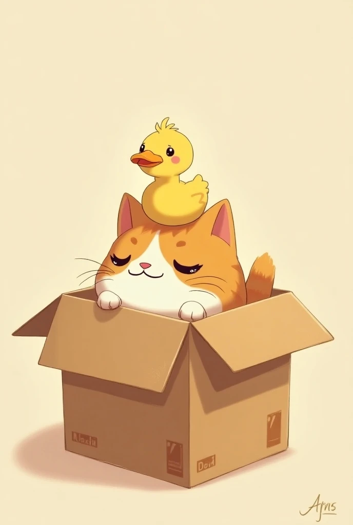 Cat in a box
 With a duck on his head anime style

