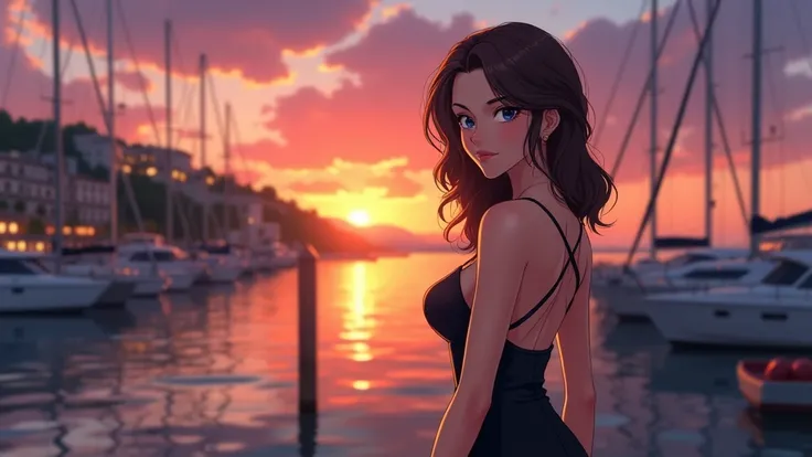 anime style: very beautiful woman in her 30s Wearing an elegant black dress with an open back., standing on a dock at sunset, looking over her right shoulder with a slight smile. Background includes yachts and a hillside town with evening lights