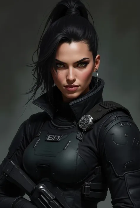 a close up of a person in a uniform holding a gun, concept art inspired by Zofia Stryjenska, Artstation, cobra, echo from overwatch, loba andrade from apex legends, valkyrie style character