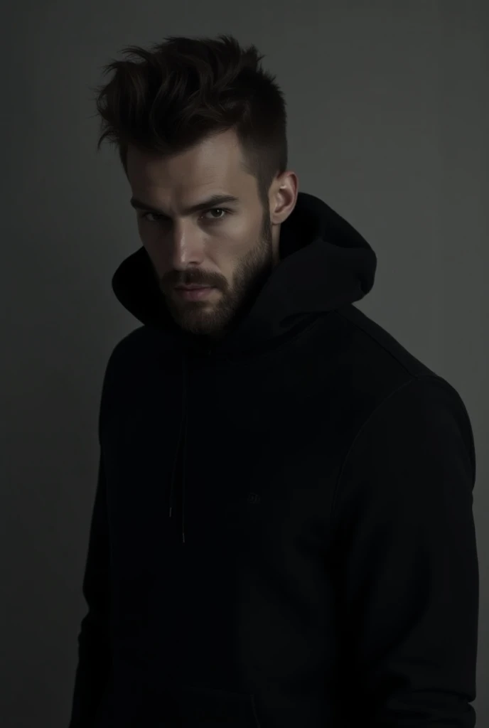 Black hoodie wear handsome men grey background 