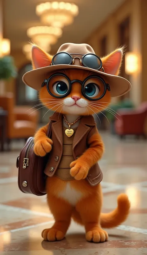 
"A hyper-realistic image of an orange cat named Kitty Musale in the luxurious JW Marriott hotel lobby. She stands confidently with a lavish travel bag in one paw, her small, gold locket engraved with the name Kitty Musale visible around her neck. Kitty we...