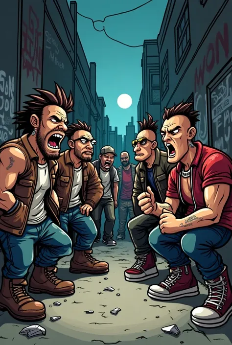 A cartoon about a gang fight, that they are gang members and they dress like gang members and that they are all different and none of them look alike