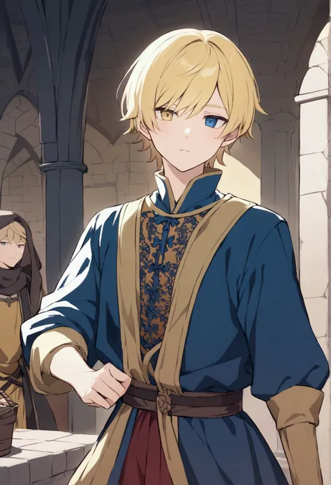 Blonde boy, , right eye yellow color, left eye blue color, wearing commoner clothing in a medieval setting