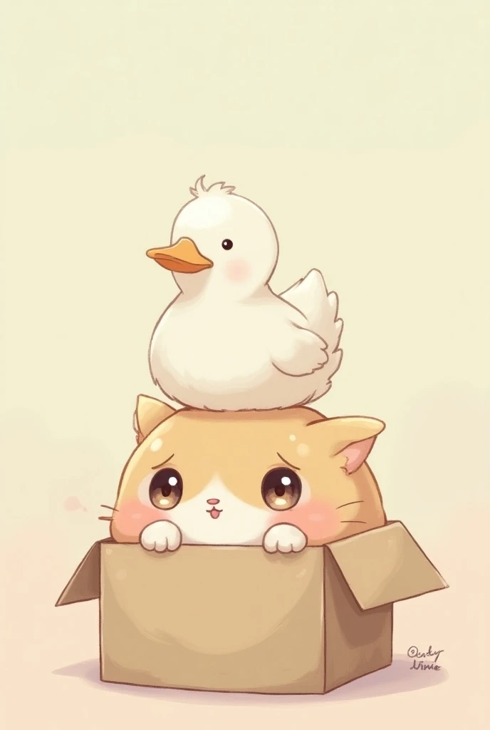 Cat in a box
 with a white duck on his head anime-style pastel colors
