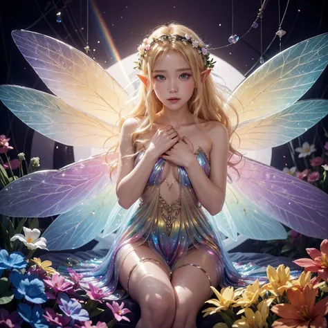 ( Glowing blonde fairy floats above the flowers (Elf)),  surrounded by colorful flowers , (( A girl with a beautiful pair of wings , transparent,  shiny wings on her back .))、翼からShine light鱗が飛ぶ, ( x} Rainbow dress shining through the light ),  wavelength d...